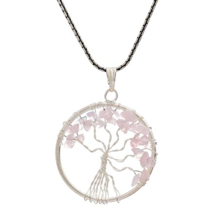 Rose Quartz Pendant Tree of Life Crystal Stone Pendant Locket with Metal Chain for Healing Crystal Healing Gemstone Size 35-40 mm rose quarts