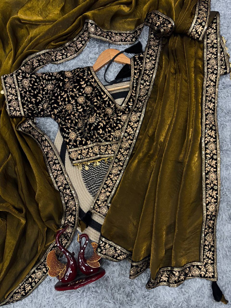 Women's Luxe Olive-Gold Silk Saree with Heavily Embellished Blouse & Border – Ideal for Evening, Wedding & Reception Wear - Image 6