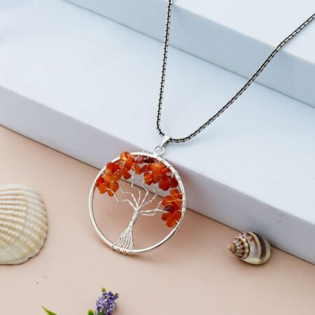 Carnelian Pendant Tree of Life Crystal Stone Pendant Locket with Metal Chain for Healing Crystal Healing Gemstone Size 35-40 mm Carnelian