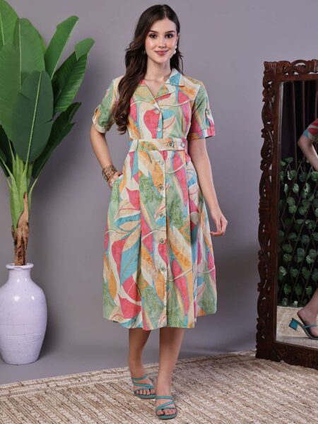 Women's Pastel Abstract Print Button-Down Cotton Midi Dress