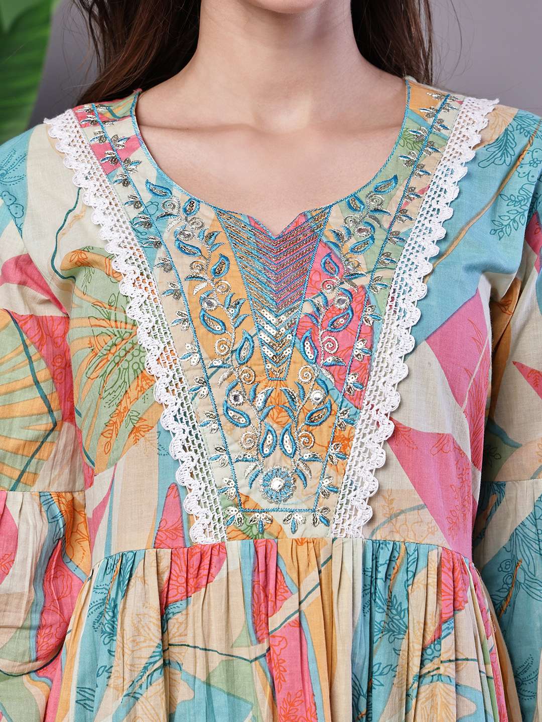 Wome's Multicolor Printed Cotton A-Line Dress with Embroidered Yoke Midi Dresses - Image 5