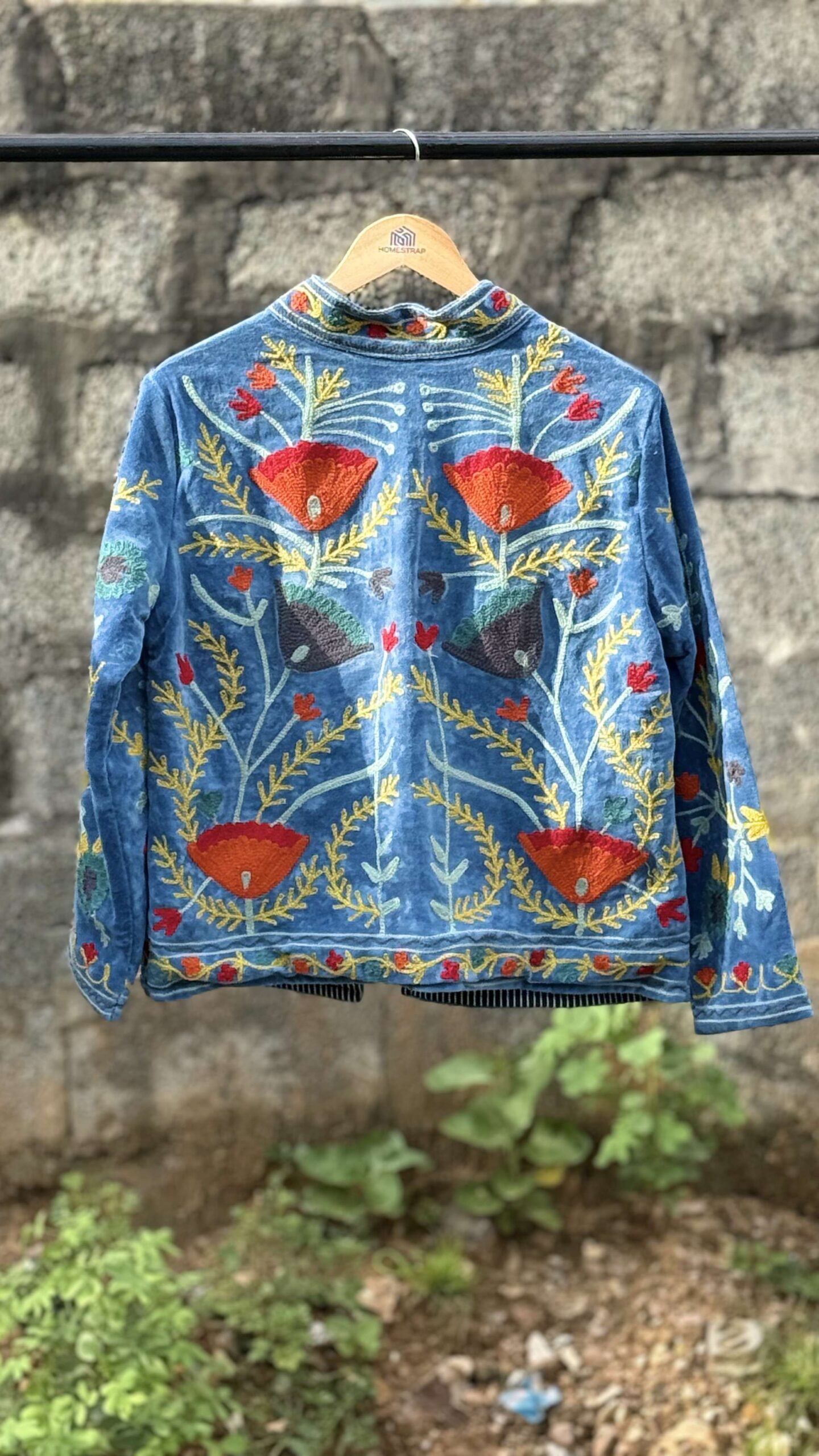 Womens Light Sky Blue Velvet Embroidered Jacket with Floral Design - Image 4