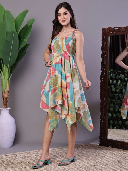 Women's Multicolor Printed Cotton Handkerchief Hem Dress Midi Dresses