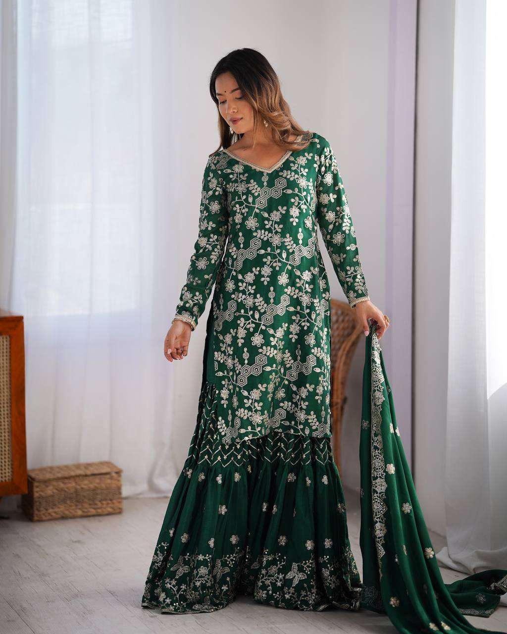Women's Chinon Silk Embroidery Sequence Work Straight Kurti With Sharara Suit and Dupatta Set - Image 3