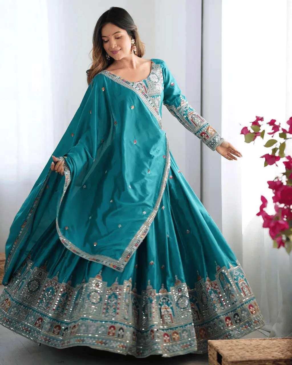 Women's Crepe Silk Sequence Embroidery and Zari Work Rajsthani Lehenga Choli with Dupatta - Image 12